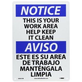 NMC ESN381RB Bilingual OSHA Sign, Legend "NOTICE   THIS IS YOUR WORK AREA HELP KEEP IT CLEAN", 14" Length x 10" Height, Rigid Plastic, Black/Blue on White Industrial Warning Signs
