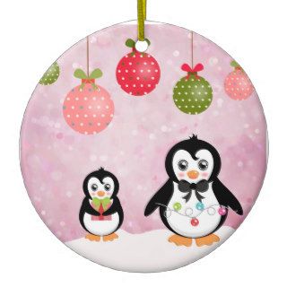 Adorable Christmas Penguins Pink Background Christmas Tree Ornaments