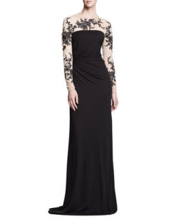 Long Sleeve Gown with Lace Illusion   David Meister