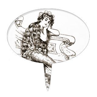 Vintage Black White Mermaid Drawing Cake Toppers