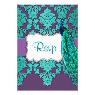 Peacock Aqua & Purple Damask Wedding RSVP Cards Custom Invitations