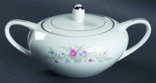 Florenteen Fantasia Sugar Bowl & Lid, Fine China Dinnerware   Flowers In Gray Ba