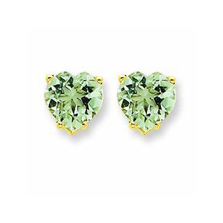 Genuine 14K Yellow Gold 7mm Heart Green Amethyst Earrings 0.8 Grams of Gold Dangle Earrings Jewelry