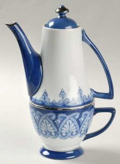 Bombay Tile Individual Teapot & Lid with Cup, Fine China Dinnerware   Blue Scrol