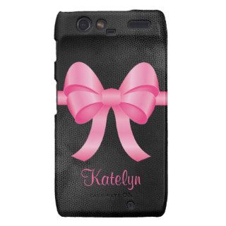 Cute Pink Bow On Fake Black Leather Pattern & Name Droid RAZR Cases