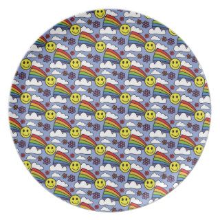 Rainbow Smiley Face and Flowers Hippie Pattern Dinner Plates