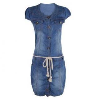 1veMoon Women's Casual Round neck Short sleeve Button down Jean Short Dress, Blue, Regular Sizing 4