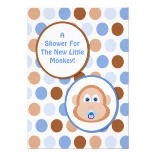 Little Monkey Blue and Brown  Dots Boy Baby Shower Custom Invitation