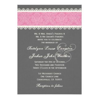 Gray and Pink Damask White Vintage Lace Wedding Cards