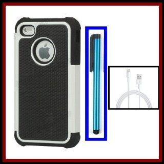 For iPhone 5 5 Hybrid Grainy Silicone Durable Rugged Defender Protection Case Cover White/Black + Blue Stylus Touch Screen Pen + One White 8 Pin to USB Charger Data Cable Cord for iPhone 5 iPod Touch 5th Nano 7th Cell Phones & Accessories
