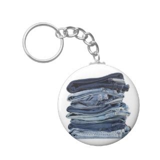 Stack of blue jeans key chains