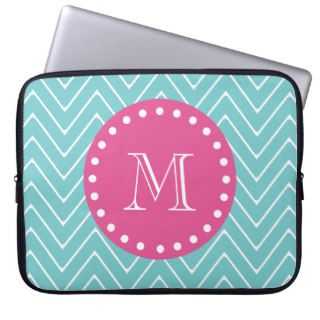 Hot Pink, Teal Blue Chevron  Your Monogram Laptop Computer Sleeves