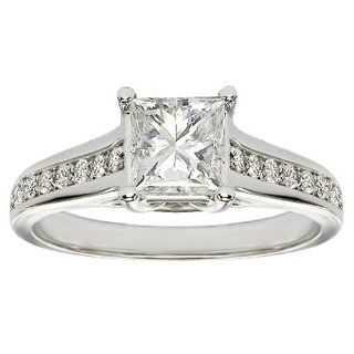 1.00 CT TW Princess Cut Engagement Ring with Pave Accent Diamonds in 18k White Gold Jewelry