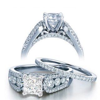 2.10Carat Princess Diamond Engagement Ring Bridal Set on 14k White Gold Jewelry