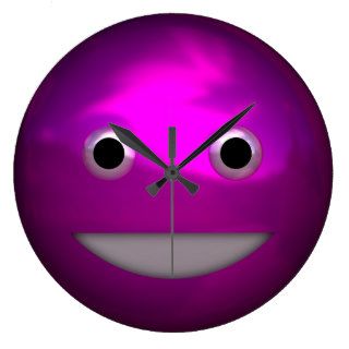 Grinning Funny Metallic Smiley Face Kawaii Art Round Clocks