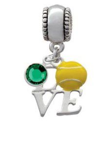 Silver Love with Tennis Ball Charm Bead with Emerald Crystal Dangle Delight Jewelry