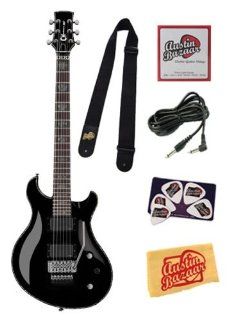 Charvel Desolation DC 1 FR Electric Guitar Bundle with Nylon Strap, 10 Foot Cable, Strings, Pick Card, and Polishing Cloth   Black, Rosewood Fretboard Musical Instruments