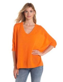 Minnie Rose Women's 100% Cashmere 3/4 Sleeve V Neck Pow Wow Top Sweater, Papaya, X Small/Small Pullover Sweaters