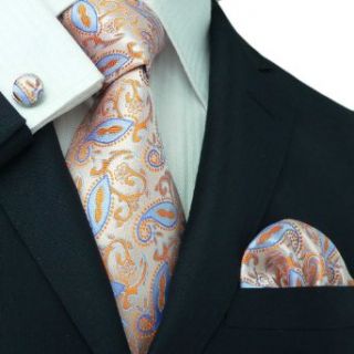 Landisun 441 Light Orange Paisleys Mens Silk Tie Set Tie+Hanky+Cufflinks at  Mens Clothing store