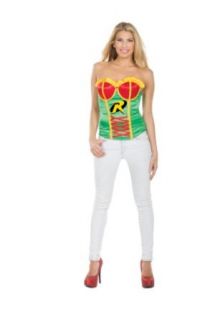 Secret Wishes DC Comics Justice League Superhero Style Adult Corset Top with Logo Robin, Red, Medium Clothing