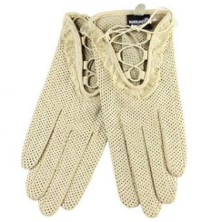 WARMEN Women's Genuine Lambskin Comfortable Perforated Leather Gloves Laced Up (L, Beige)
