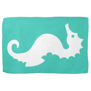 White Seahorse Silhouette On Turquoise Kitchen Towel