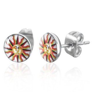 E218 E218 7mm Stainless Steel Sun Emblem Stud Pair of Earrings in Gift Pouch Jewelry