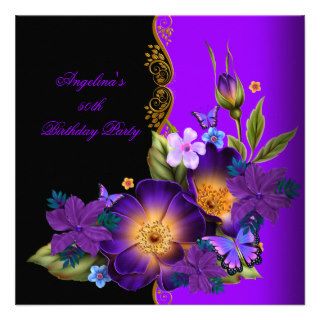 Purple Floral Black Gold Birthday Party Custom Announcements