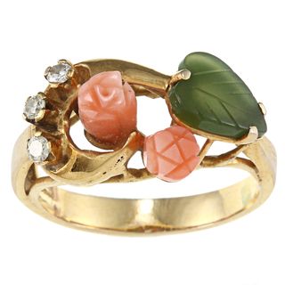14k Yellow Gold 1/10ct TDW Pink Coral Rose Ring (I J, SI1 SI2) Estate and Vintage Rings