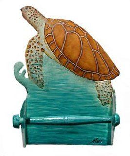 Sea Turtle Toilet Paper Holder in Hand Painted Metal   Turtle Bathroom Decor