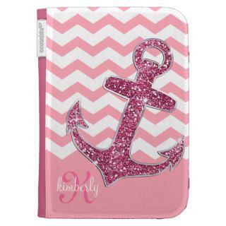 Girly Pink Faux Glitter Anchor Chevron Monogram Kindle 3 Cases