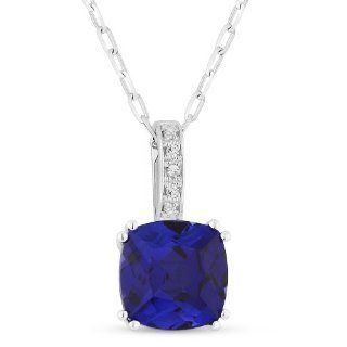 Synthetic 2ct Cushion Cut Blue Created Blue Sapphire Gemstone & Diamond Necklace Set In 14K White Gold Eros' Iced Showroom Jewelry