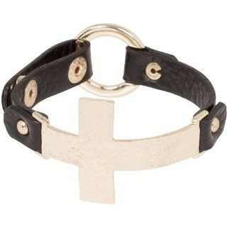 Heirloom Finds Big Metal Sideways Cross Black Leather Bracelet Gold Tone Adjustable Hammered Gold Cross Black Bracelet Jewelry
