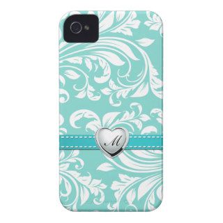 Aqua Blue and White Damask Pattern with Monogram iPhone 4 Case Mate Case