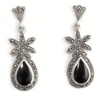 Sterling Silver Marcasite Earrings With Black Onyx Stone Teardrop   Earring Height 43mm Jewelry