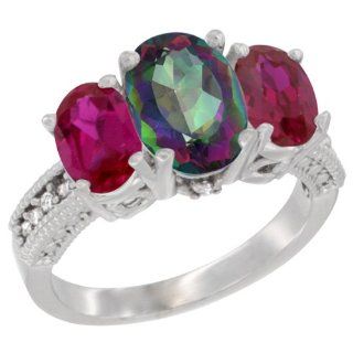 10K White Gold Natural Mystic Topaz Ring Ladies 3 Stone 8x6 Oval with Ruby Sides Diamond Accent, sizes 5   10 Jewelry