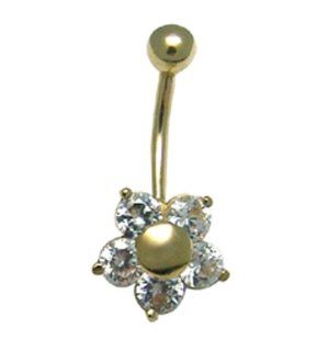 14k Yellow Gold Round White CZ Flower Belly Button Ring Body Piercing Rings Jewelry