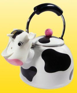 Unique Novelty Farm Cow Design Whistling Enamel Coated Tea Kettle Kitchen & Dining