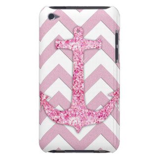 Glitter nautical anchor, chic pink chevron pattern iPod touch cover