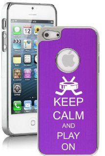 Apple iPhone 5 5S Purple 5E1162 Aluminum Plated Chrome Hard Back Case Cover Keep Calm and Play On Hockey Cell Phones & Accessories