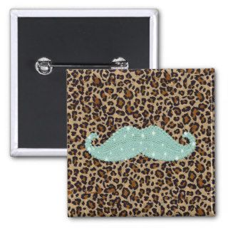Funny Teal Green Bling Mustache And Animal Print Buttons