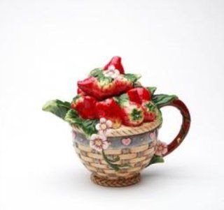 Red Strawberries Overflowing in Woven Basket Teapot Collectible   Collectible Figurines