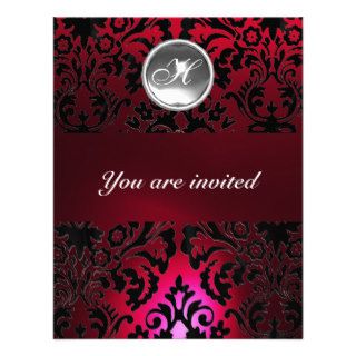 BLACK & RED DAMASK GEM STONE MONOGRAM burgundy Invitations
