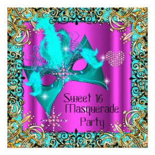 Sweet 16 Party Teal Blue Pink Masquerade Mask Personalized Announcements