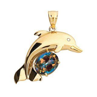 14K Yellow Gold Dolphin Pendant with an Oval Faceted Mystic Topaz Jewelry