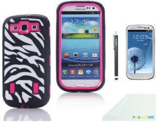 P&Q Estore Deluxe Fashion Print Hard Soft High Impact Hybrid Armor Defender Case Combo for Samsung Galaxy S3 SIII 9300 with 1 Screen Protector, 1 Black Stylus and P&Q Estore Microfiber Cleaning Cloth (Black on hot pink) Cell Phones & Accessori