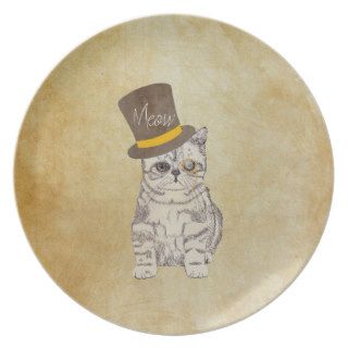 Funny Cute Kitten Cat Sketch Monocle and Top Hat Party Plate