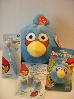 BUNDLE OF 4  BLUE ANGRY BIRD PLUSH, PUZZLE ERASERS,BAG CLIP & PEN Toys & Games