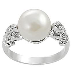 Silvertone Faux Pearl and Cubic Zirconia Leaf Ring Tressa Pearl Rings