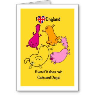 Funny Raining Cats and Dogs cartoon, love London Greeting Card